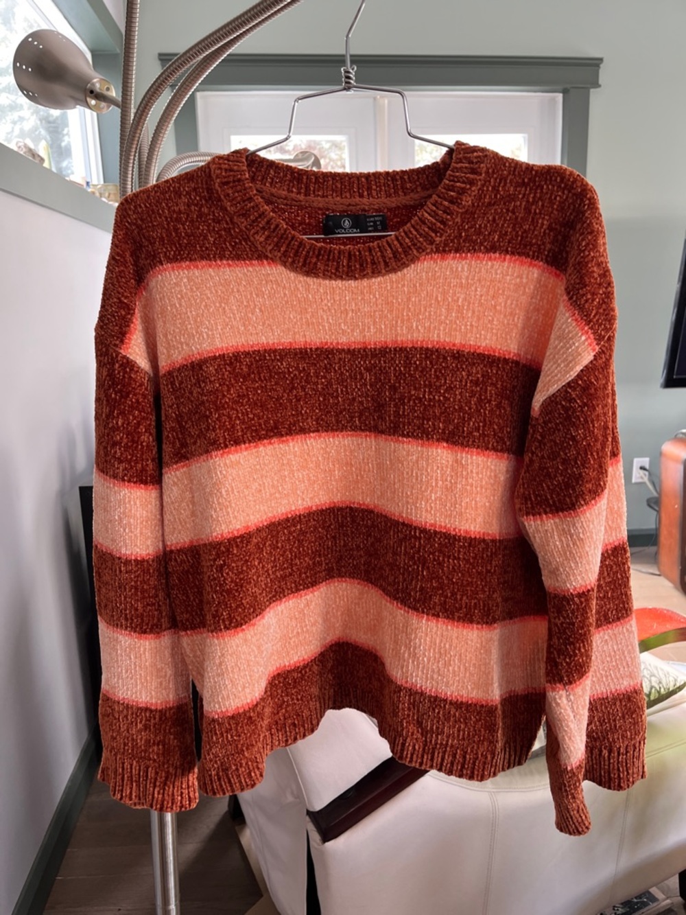 Volcom Striped Crewneck Sweater in Rust & Light Pink